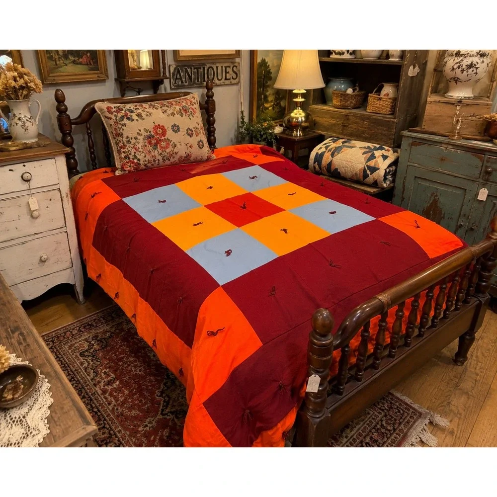 Handmade Patchwork Tied Quilt Orange Burgundy Blue Geometric Block Bedspread